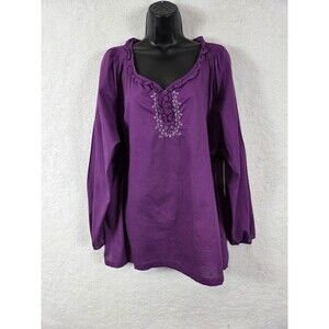 Womens Embroidered Boho Peasant Tunic Blouse 2X Purple Flor Henley